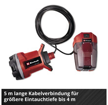 Einhell Akku-Klarwasserpumpe mit 5 Meter Kabelverbindung für eine Eintauchtiefe bis 4 Meter.