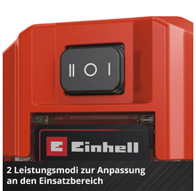 Nahaufnahme eines Einhell Geräts mit einem dreistufigen Wippschalter für zwei Leistungsmodi und dem Einhell Logo.
