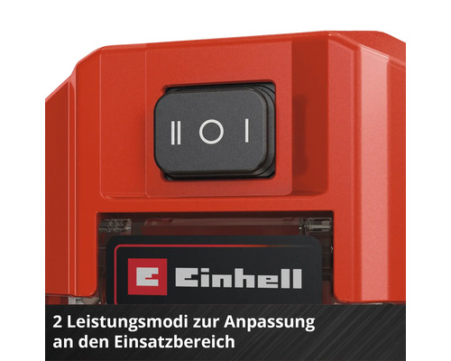 Nahaufnahme eines Einhell Geräts mit einem dreistufigen Wippschalter für zwei Leistungsmodi und dem Einhell Logo.