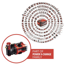 Einhell Akku-Gartenpumpe Aquinna als Teil der Power X-Change Familie mit einer Übersicht vieler kompatibler Werkzeuge und Gartengeräte.