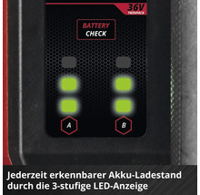 Dreistufige LED-Ladestandsanzeige für zwei 36 Volt Akkus.