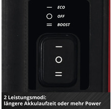 Kippschalter mit drei Stufen: Eco für längere Akkulaufzeit, Off zum Ausschalten und Boost für maximale Leistung.