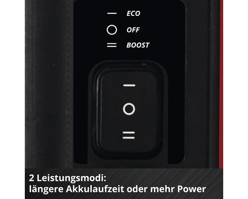 Kippschalter mit drei Stufen: Eco für längere Akkulaufzeit, Off zum Ausschalten und Boost für maximale Leistung.