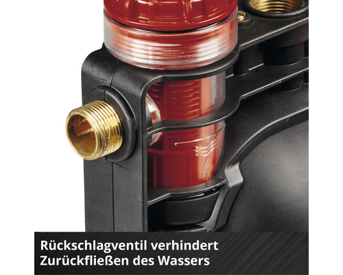Rückschlagventil einer Wasserpumpe mit transparentem Gehäuse und Messinganschluss verhindert das Zurückfließen von Wasser.