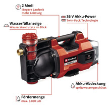 Einhell Akku-Gartenpumpe AQUINNA, 36 Volt, 2 Modi, Wasserfüllanzeige, spritzwassergeschützte Akku-Abdeckung, Fördermenge 3800 Liter pro Stunde.