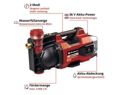 Einhell Akku-Gartenpumpe AQUINNA, 36 Volt, 2 Modi, Wasserfüllanzeige, spritzwassergeschützte Akku-Abdeckung, Fördermenge 3800 Liter pro Stunde.