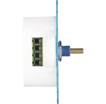 Ein elektrisches Potentiometer als Drehregler für Schalttafeleinbau mit vier Anschlüssen in der Seitenansicht.