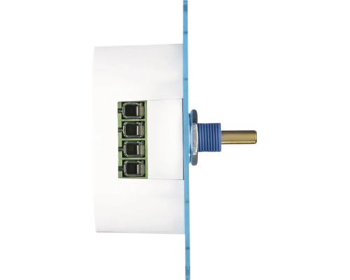 Ein elektrisches Potentiometer als Drehregler für Schalttafeleinbau mit vier Anschlüssen in der Seitenansicht.