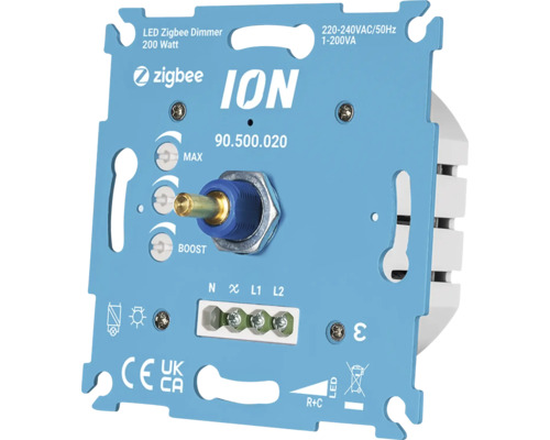 ION LED Zigbee Dimmer 200 Watt für 220 bis 240 Volt zur Unterputzmontage mit Anschlussklemmen.