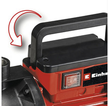 Einhell Gartenpumpe mit einklappbarem Tragegriff und Ein- und Ausschalter mit Schutzabdeckung.
