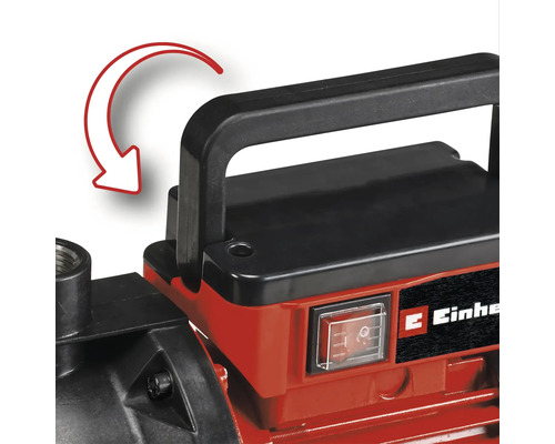 Einhell Gartenpumpe mit einklappbarem Tragegriff und Ein- und Ausschalter mit Schutzabdeckung.