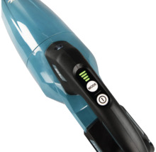 Handstaubsauger mit Bedienelementen am Griff, inklusive Modus-Taste, Ein- und Ausschalter sowie LED-Statusanzeige.