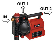 Einhell Hauswasserautomat mit einem Wassereingang und zwei Wasserausgängen.