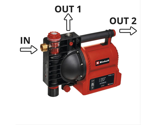Einhell Hauswasserautomat mit einem Wassereingang und zwei Wasserausgängen.