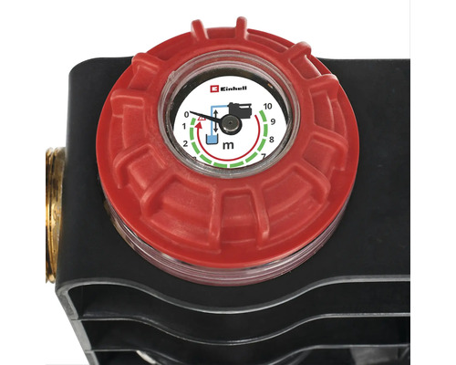 Einhell Logo auf der Saughöhenanzeige einer Wasserpumpe mit einer Skala von 0 bis 10 Meter.