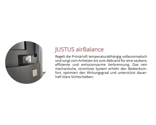JUSTUS airBalance Detailansicht der mechanischen Primärluftsteuerung an einem Kaminofen zur automatischen Regelung der Verbrennung.