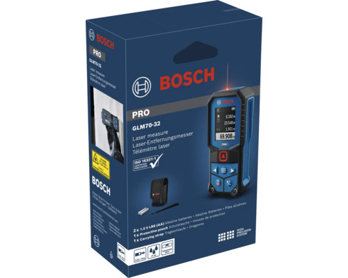 Bosch Professional Laser Entfernungsmesser GLM 70-32 in Verkaufsverpackung mit Zubehör wie Schutztasche und Batterien