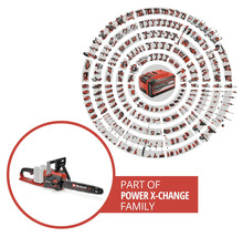 Einhell Akku-Kettensäge als Teil der Power X-Change Familie, dargestellt mit einer Vielzahl kompatibler Akku-Werkzeuge und einem Akku.