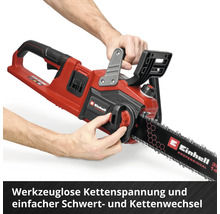 Einhell Kettensäge mit werkzeugloser Kettenspannung und einfachem Schwert- und Kettenwechsel durch einen Drehknopf.