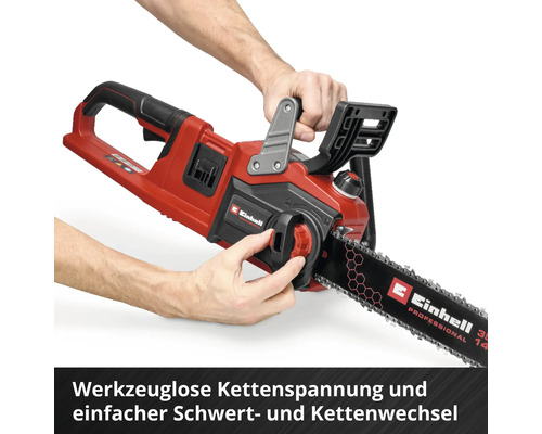 Einhell Kettensäge mit werkzeugloser Kettenspannung und einfachem Schwert- und Kettenwechsel durch einen Drehknopf.