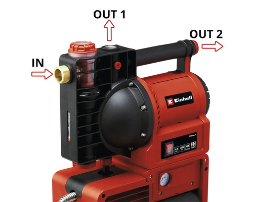 Einhell Gartenpumpe mit Kennzeichnung der Wasseranschlüsse für einen Zulauf und zwei Abläufe, integriertem Filter und Druckanzeige.