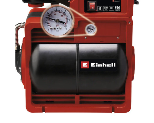 Einhell Hauswasserwerk mit Manometer, Druckkessel und Einhell Logo. Angaben zu 4,8 bar Druck, 4500 Liter pro Stunde und einem Rückschlagventil.
