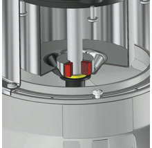 Schnittmodell einer mechanischen Dichtung in einem Metallgehäuse mit zentraler Welle und roten Dichtungselementen.