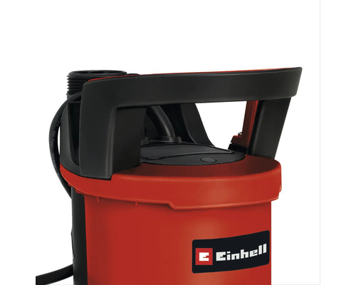 Nahaufnahme einer Einhell Tauchpumpe mit schwarzem Tragegriff und Einhell Logo.