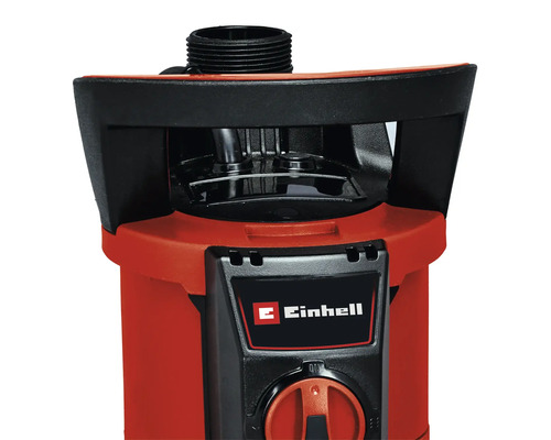 Oberseite einer Einhell Gartenpumpe mit Tragegriff, Anschlussstutzen, Einhell Logo und Drehschalter.