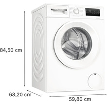 Bosch Serie 4 Waschmaschine mit Frontlader, 84,50 Zentimeter Höhe, 59,80 Zentimeter Breite und 63,20 Zentimeter Tiefe.