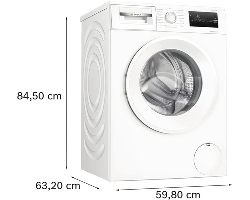 Bosch Serie 4 Waschmaschine mit Frontlader, 84,50 Zentimeter Höhe, 59,80 Zentimeter Breite und 63,20 Zentimeter Tiefe.