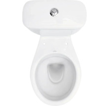 Draufsicht auf ein weißes Stand-WC aus Keramik mit Spülkasten und verchromtem Spülknopf.