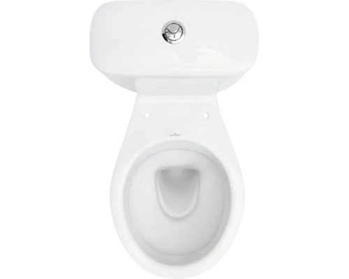 Draufsicht auf ein weißes Stand-WC aus Keramik mit Spülkasten und verchromtem Spülknopf.