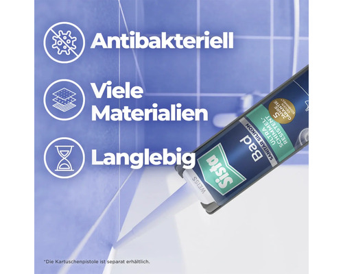Sista Bad Sanitärsilikon Kartusche beim Verfugen. Symbole für antibakterielle Wirkung, Eignung für viele Materialien und Langlebigkeit.