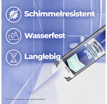 Sista Bad Sanitär-Silikon in Anwendung mit Hinweisen: schimmelresistent, wasserfest, langlebig.