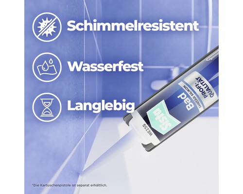 Sista Bad Sanitär-Silikon in Anwendung mit Hinweisen: schimmelresistent, wasserfest, langlebig.