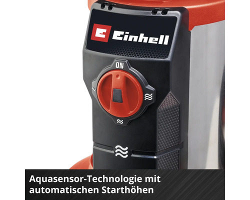 Detailansicht einer Einhell Pumpe mit Aquasensor-Technologie, Drehschalter und Einhell Logo.