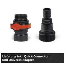 Lieferumfang mit Quick-Connector und Universaladapter aus Kunststoff für Schlauchanschlüsse.
