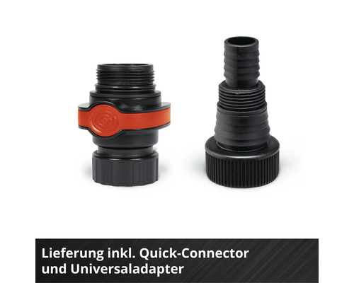 Lieferumfang mit Quick-Connector und Universaladapter aus Kunststoff für Schlauchanschlüsse.