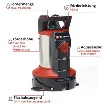 Einhell Tauchpumpe mit Produktdaten: Fördermenge bis zu 19000 Liter pro Stunde, 820 Watt Leistung, Aquasensor und flachabsaugend.
