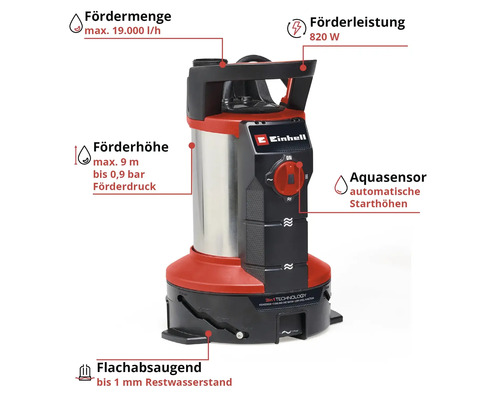 Einhell Tauchpumpe mit Produktdaten: Fördermenge bis zu 19000 Liter pro Stunde, 820 Watt Leistung, Aquasensor und flachabsaugend.