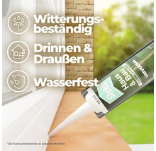 Sista Haus und Bau Dichtstoff an Fensterfuge aufgetragen. Eigenschaften: witterungsbeständig, für innen und außen, wasserfest.