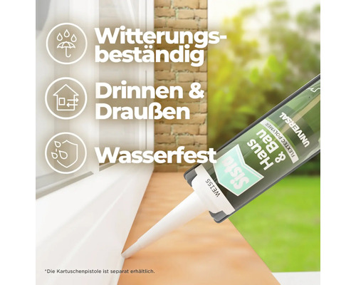 Sista Haus und Bau Dichtstoff an Fensterfuge aufgetragen. Eigenschaften: witterungsbeständig, für innen und außen, wasserfest.