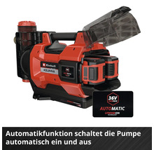 Einhell Akku-Gartenpumpe Aquinna 36V Automatic mit geöffnetem Batteriefach für zwei Akkus und Automatikfunktion.