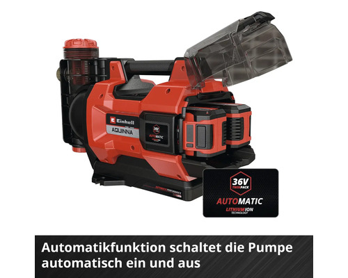 Einhell Akku-Gartenpumpe Aquinna 36V Automatic mit geöffnetem Batteriefach für zwei Akkus und Automatikfunktion.