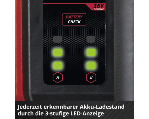 Dreistufige LED-Akkuladestandsanzeige für zwei Akkus zur einfachen Kontrolle des Ladestatus.