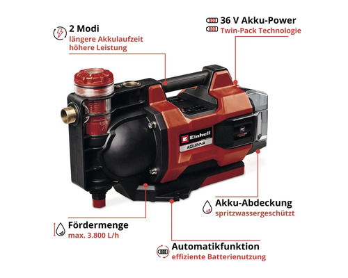 Einhell Akku-Gartenpumpe Aquinna mit 36 Volt, Twin-Pack Technologie, maximal 3800 Liter pro Stunde Fördermenge und Automatikfunktion.