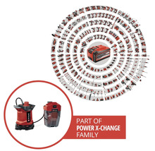 Einhell Akku-Klarwasserpumpe als Teil der Power X-Change Familie mit zahlreichen kompatiblen Geräten im Hintergrund.