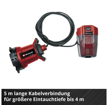 Einhell Akku-Klarwasserpumpe mit externer Batteriebox und 5 Meter langem Verbindungskabel für eine Eintauchtiefe von bis zu 4 Meter.