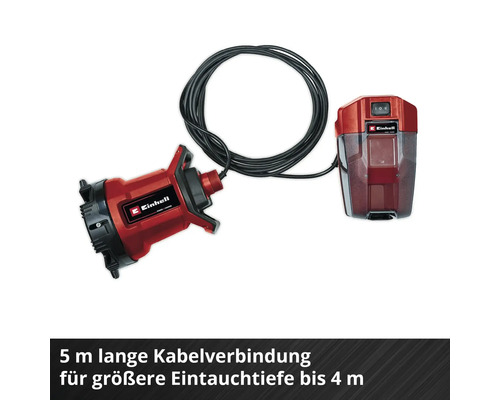 Einhell Akku-Klarwasserpumpe mit externer Batteriebox und 5 Meter langem Verbindungskabel für eine Eintauchtiefe von bis zu 4 Meter.
